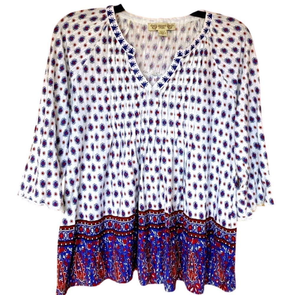 Vintage America Blues Womens Tunic Top Printed Pintuck V Neck 3/4 Sleeve Medium